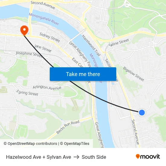 Hazelwood Ave + Sylvan Ave to South Side map