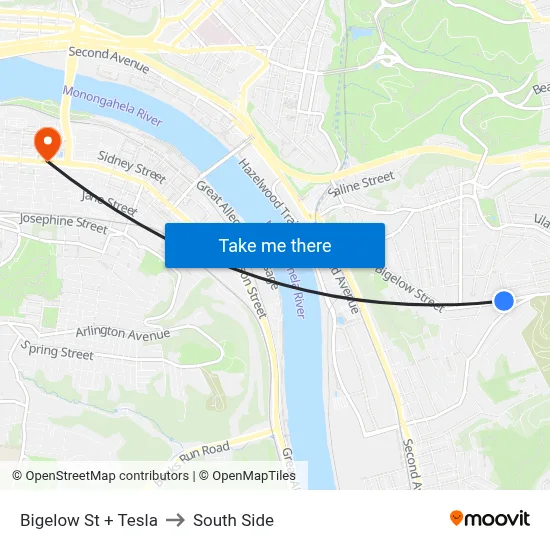 Bigelow St + Tesla to South Side map