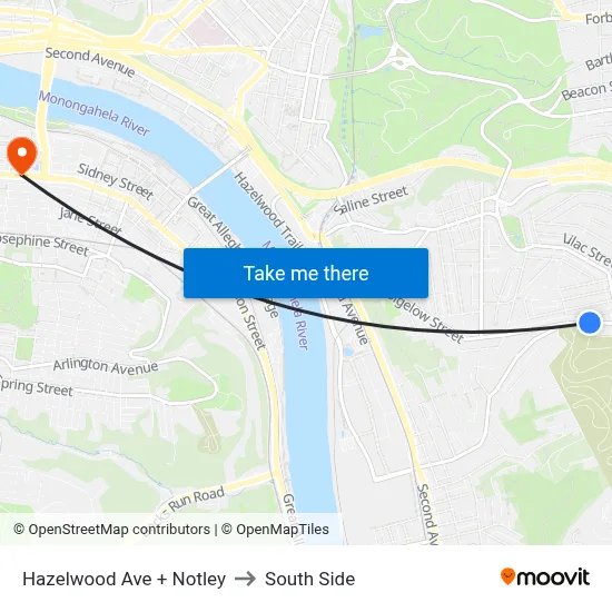 Hazelwood Ave + Notley to South Side map