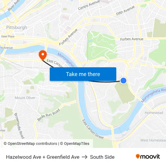 Hazelwood Ave + Greenfield Ave to South Side map