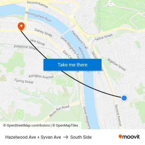 Hazelwood Ave + Syvan Ave to South Side map