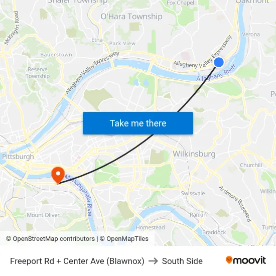 Freeport Rd + Center Ave (Blawnox) to South Side map