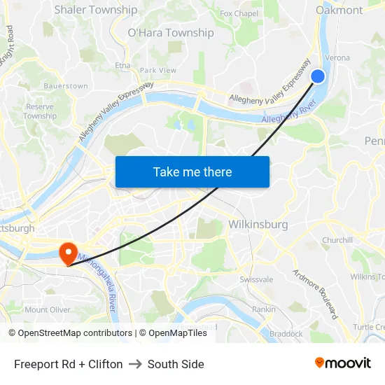 Freeport Rd + Clifton to South Side map
