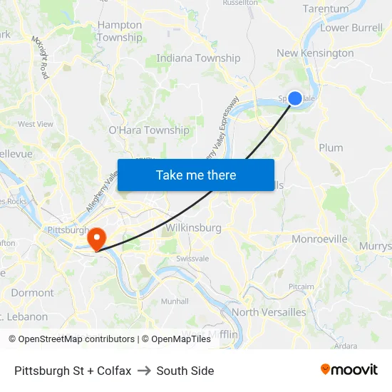Pittsburgh St + Colfax to South Side map