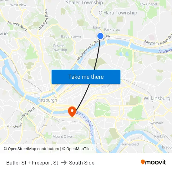 Butler St + Freeport St to South Side map