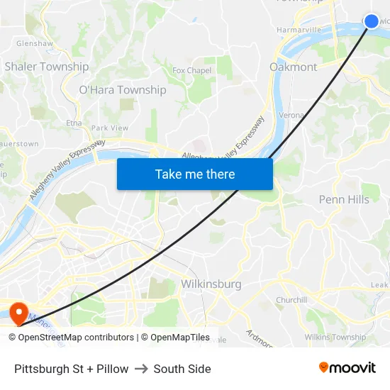 Pittsburgh St + Pillow to South Side map