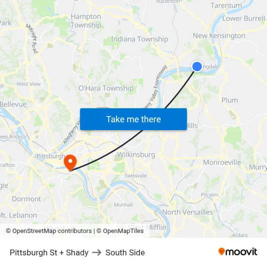 Pittsburgh St + Shady to South Side map