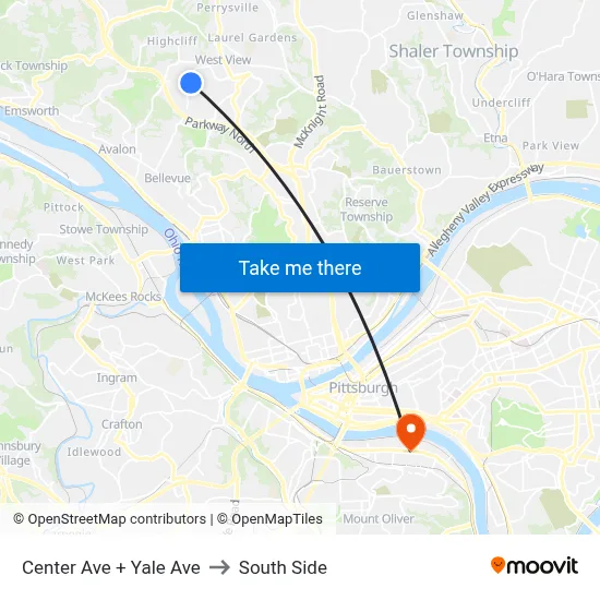 Center Ave + Yale Ave to South Side map