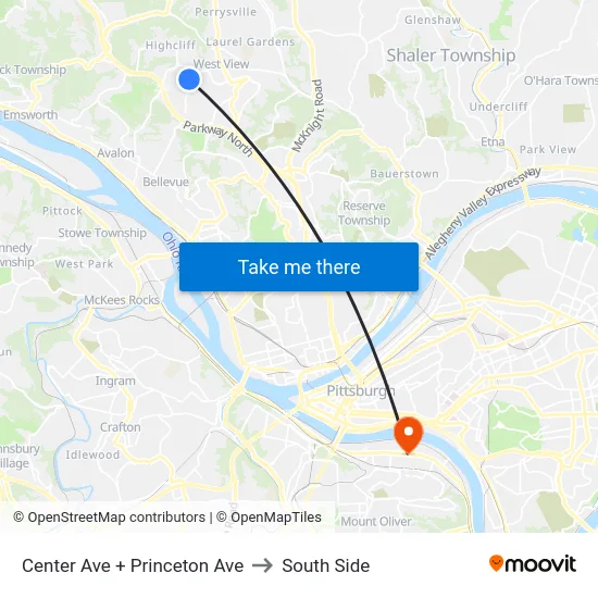 Center Ave + Princeton Ave to South Side map