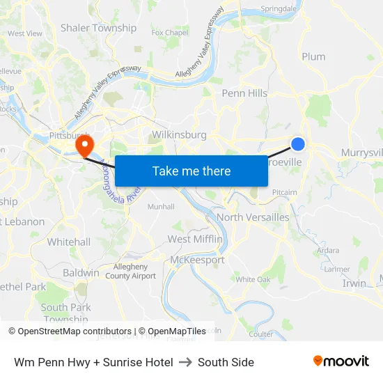 Wm Penn Hwy + Sunrise Hotel to South Side map