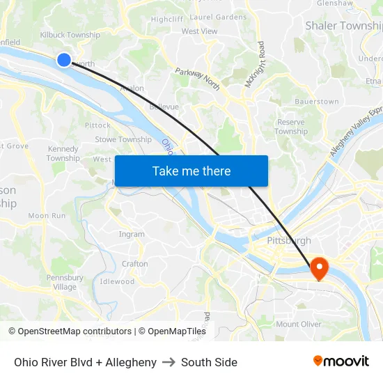 Ohio River Blvd + Allegheny to South Side map