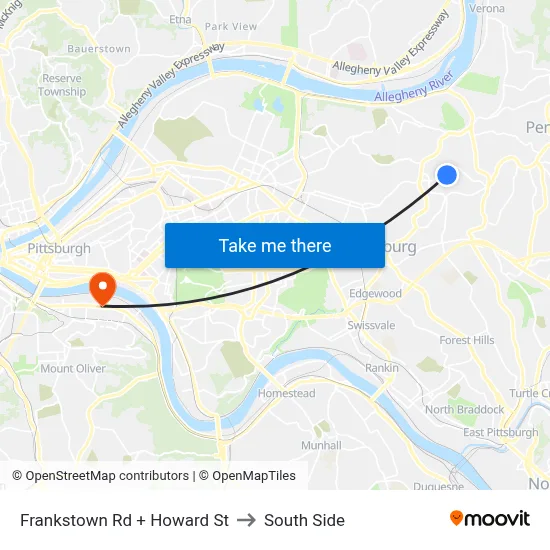 Frankstown Rd + Howard St to South Side map