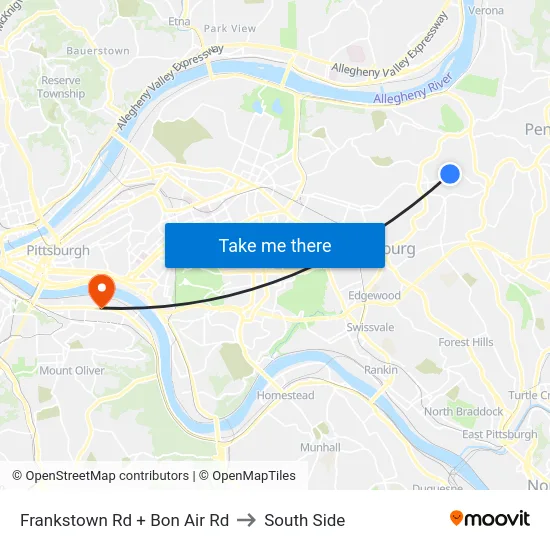 Frankstown Rd + Bon Air Rd to South Side map