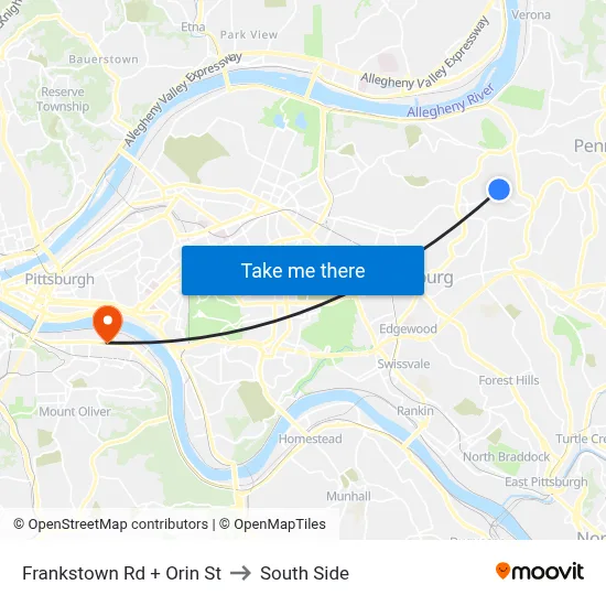 Frankstown Rd + Orin St to South Side map