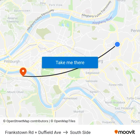 Frankstown Rd + Duffield Ave to South Side map