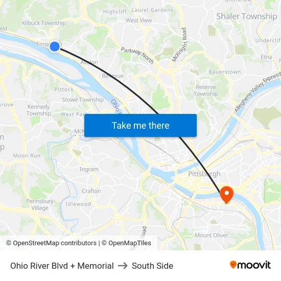 Ohio River Blvd + Memorial to South Side map