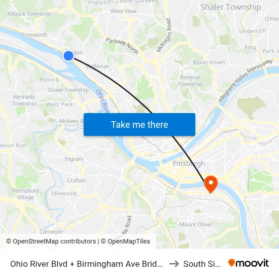Ohio River Blvd + Birmingham Ave Bridge to South Side map