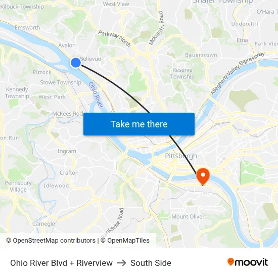 Ohio River Blvd + Riverview to South Side map