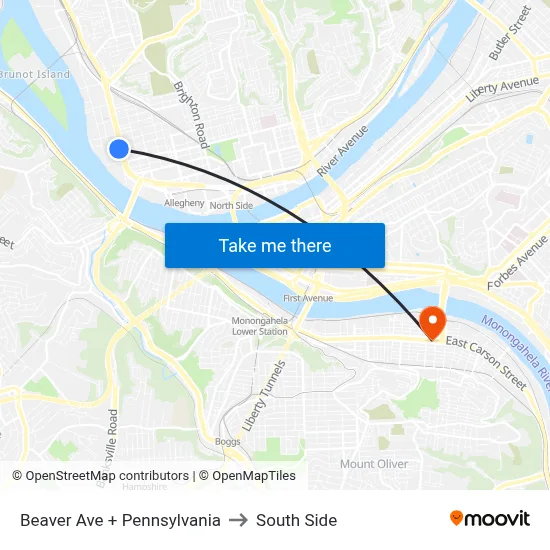 Beaver Ave + Pennsylvania to South Side map