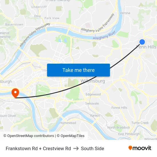 Frankstown Rd + Crestview Rd to South Side map