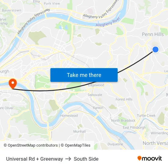 Universal Rd + Greenway to South Side map