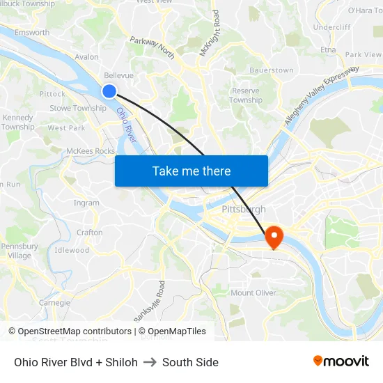 Ohio River Blvd + Shiloh to South Side map
