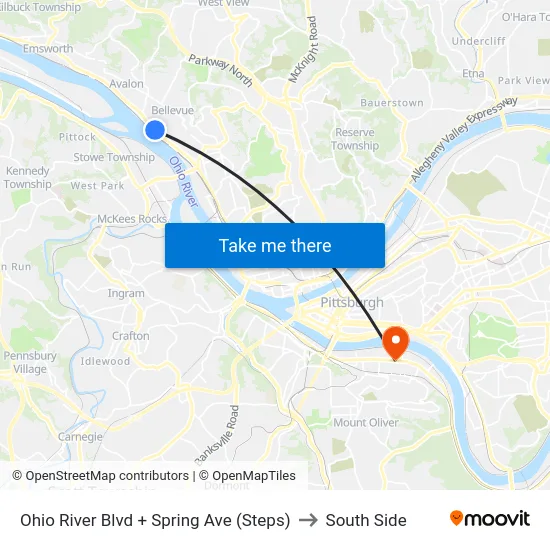 Ohio River Blvd + Spring Ave (Steps) to South Side map