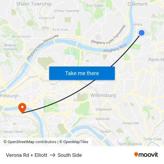 Verona Rd + Elliott to South Side map