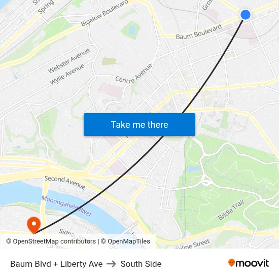 Baum Blvd + Liberty Ave to South Side map