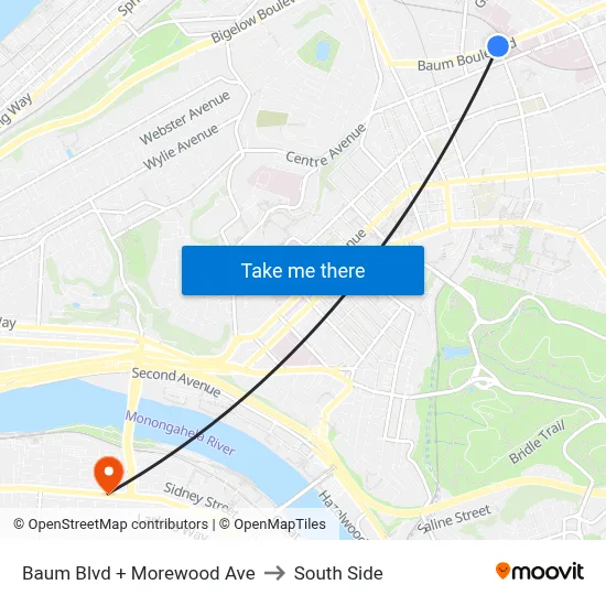 Baum Blvd + Morewood Ave to South Side map