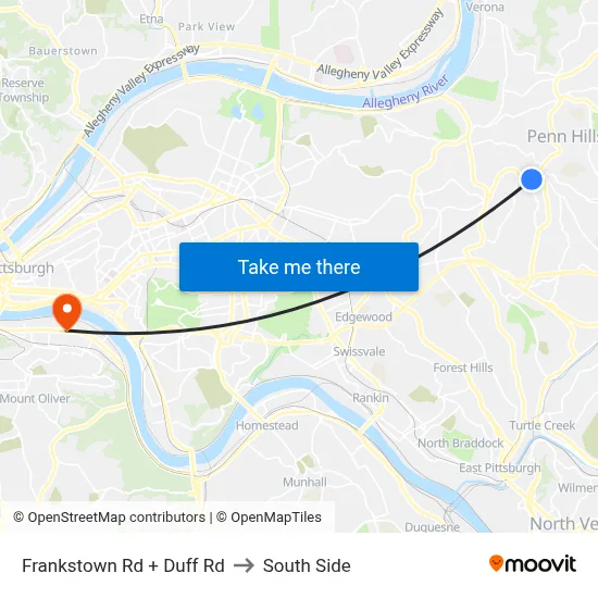Frankstown Rd + Duff Rd to South Side map