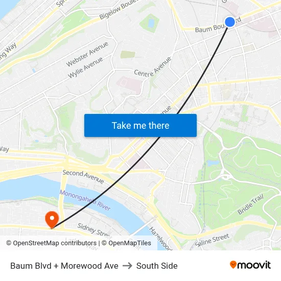 Baum Blvd + Morewood Ave to South Side map