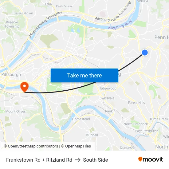 Frankstown Rd + Ritzland Rd to South Side map