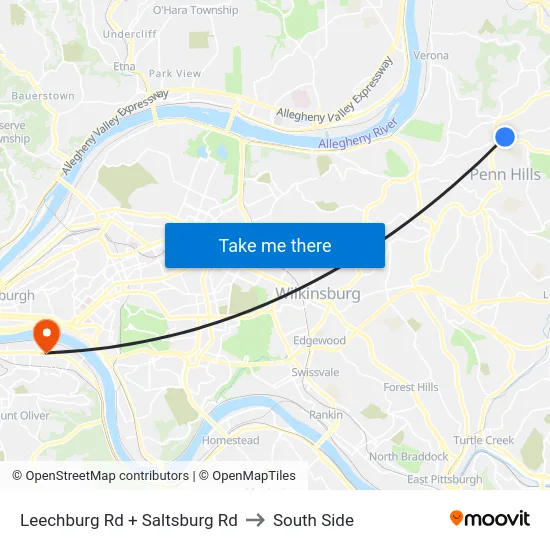 Leechburg Rd + Saltsburg Rd to South Side map