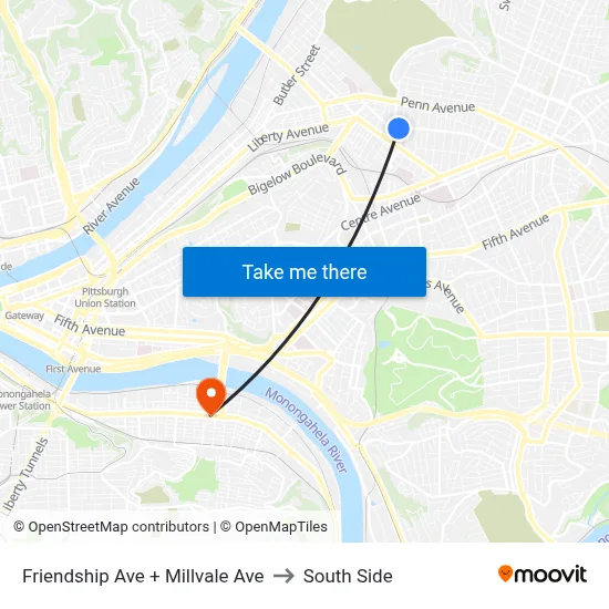 Friendship Ave + Millvale Ave to South Side map