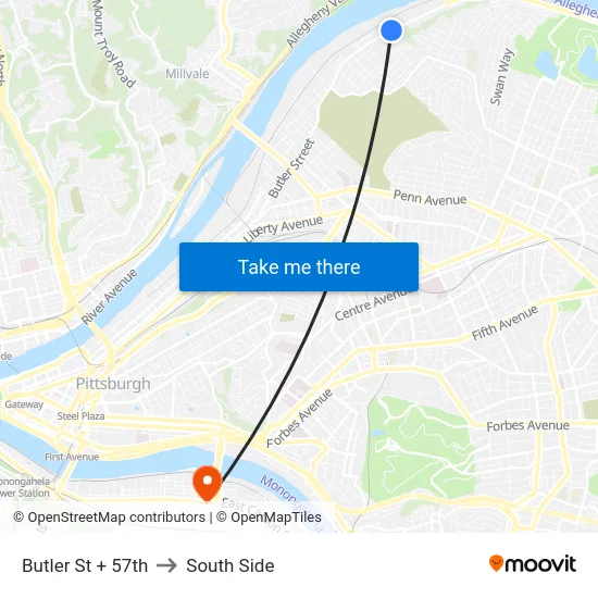 Butler St + 57th to South Side map