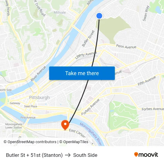 Butler St + 51st (Stanton) to South Side map