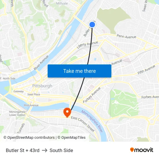 Butler St + 43rd to South Side map