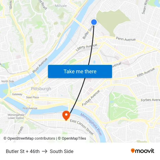 Butler St + 46th to South Side map