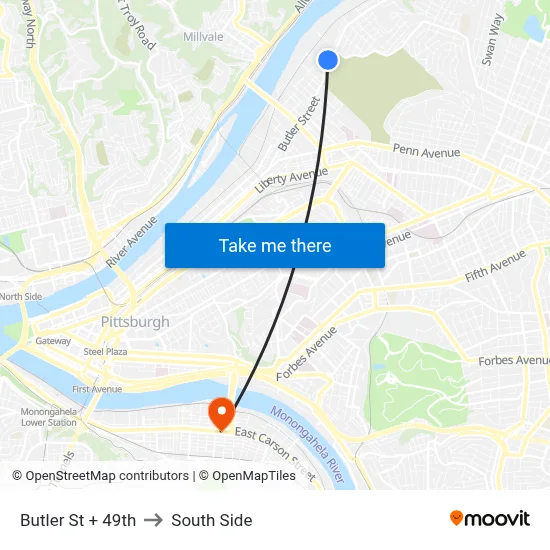 Butler St + 49th to South Side map