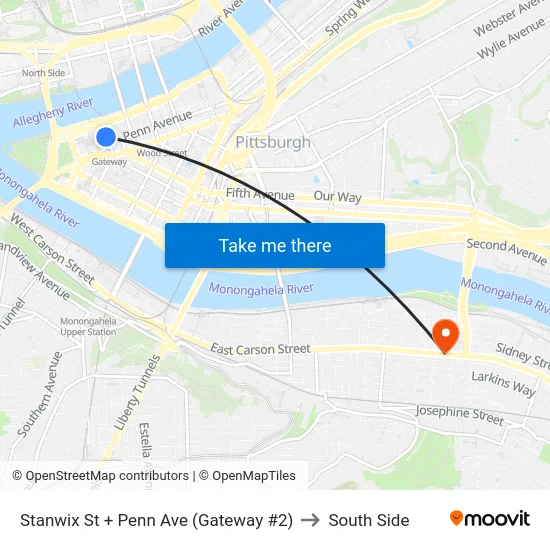 Stanwix St + Penn Ave (Gateway #2) to South Side map