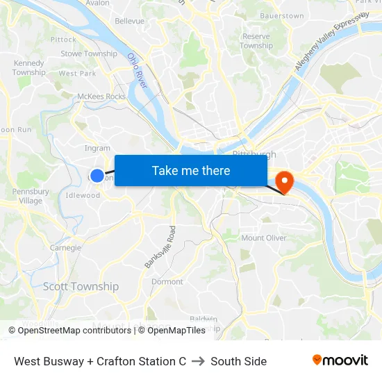 West Busway + Crafton Station C to South Side map