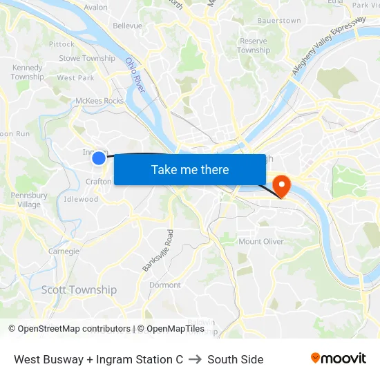 West Busway + Ingram Station C to South Side map