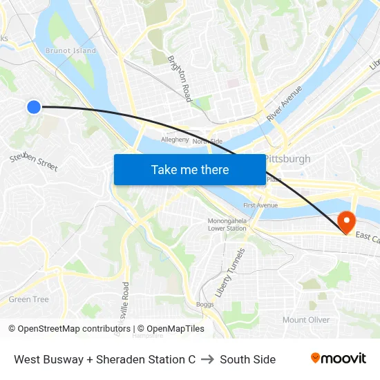 West Busway + Sheraden Station C to South Side map