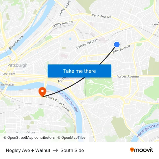 Negley Ave + Walnut to South Side map