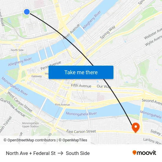 North Ave + Federal St to South Side map