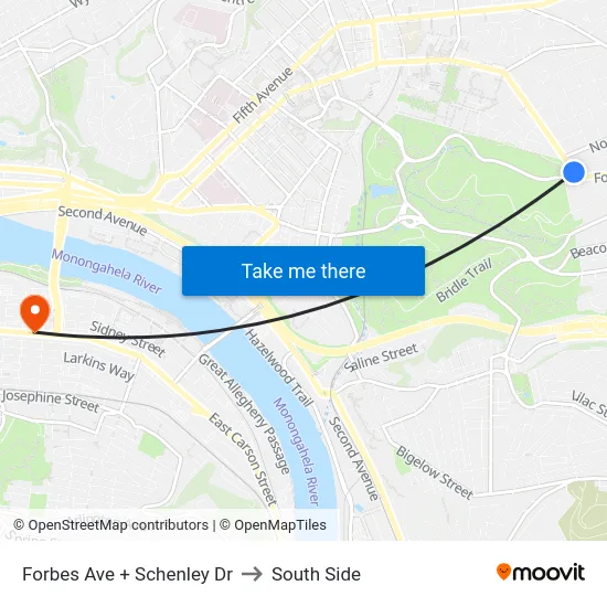 Forbes Ave + Schenley Dr to South Side map