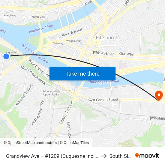 Grandview Ave + #1209 (Duquesne Incline) to South Side map