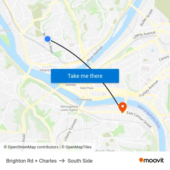 Brighton Rd + Charles to South Side map