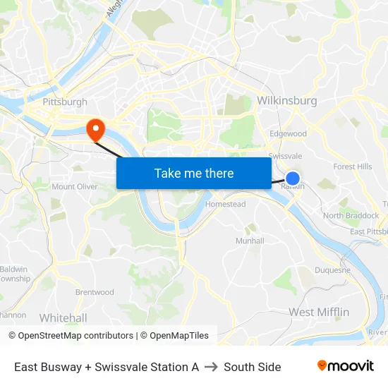 East Busway + Swissvale Station A to South Side map